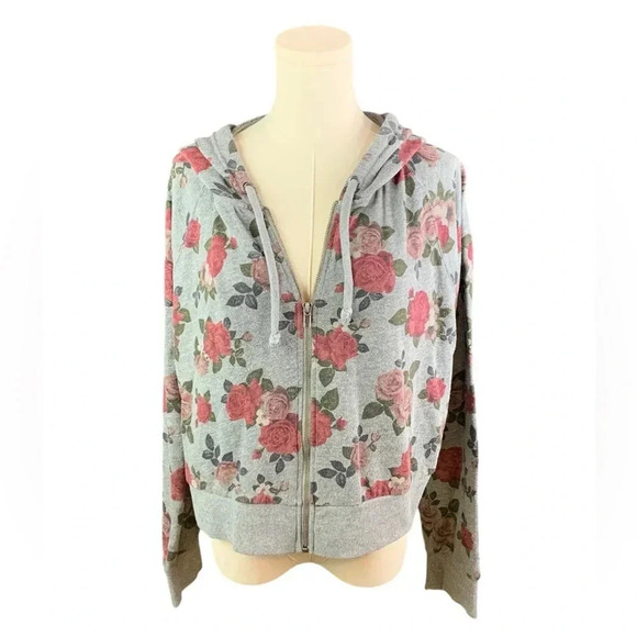 Torrid Gray Hooded Zip Up Crop Sweatshirt with Floral Pattern (Size 2) - Picture 1 of 2